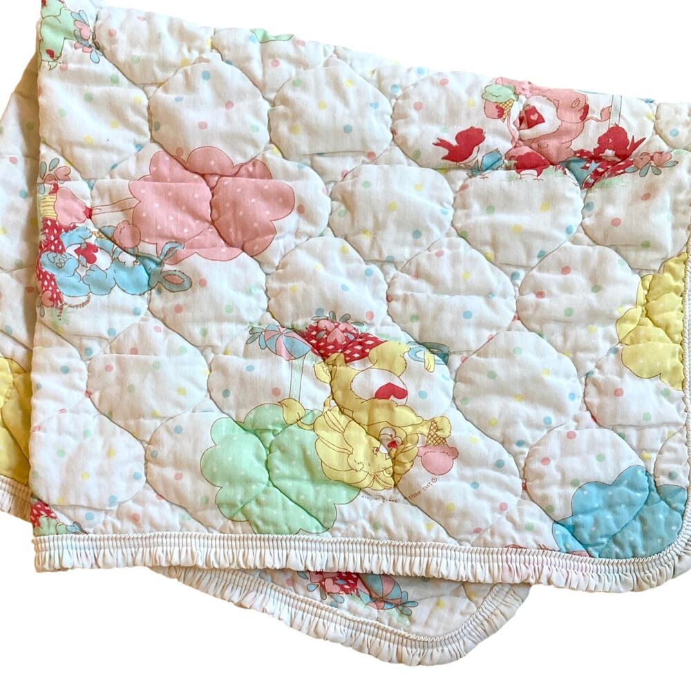 Vtg 1985 Care Bear Cousins Baby Quilted Crib Pastel Blanket 32" x 39"